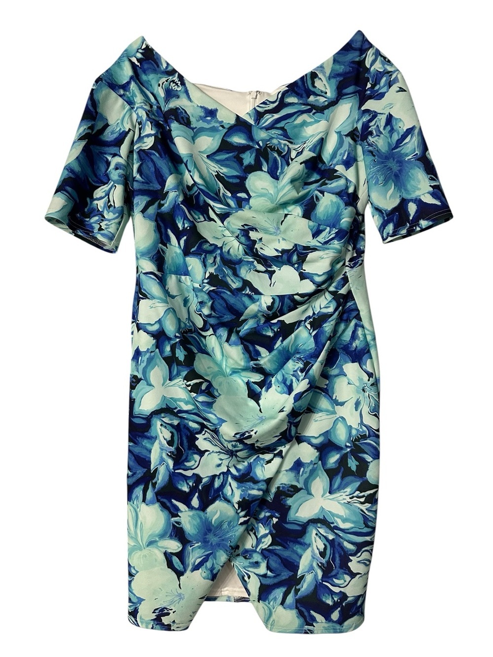 Tadashi Shoji Blue off shoulder Floral Midi Sheath Dress size XL